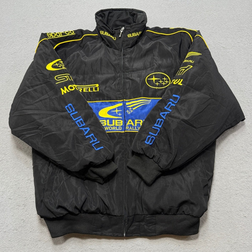 Subaru Racing Jacket Mens M Black Yellow Blue Embroidered WRC Style Bomber Repro